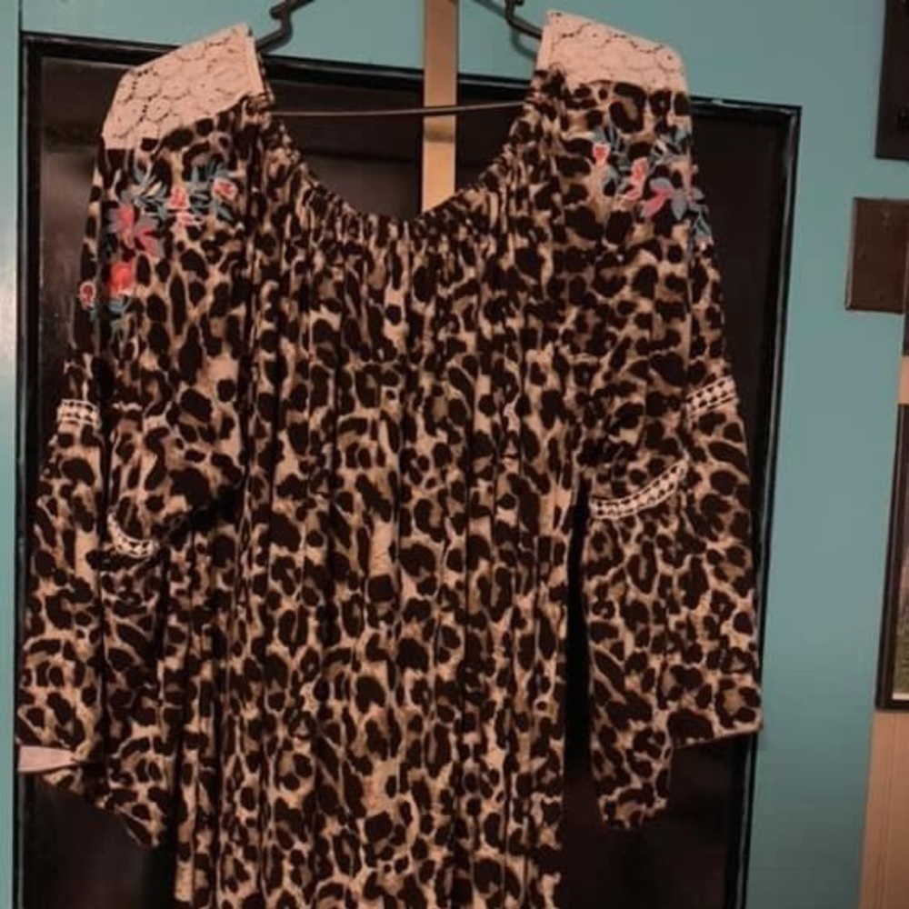 Leopard Lace/Crochet Top with Floral Embroidery